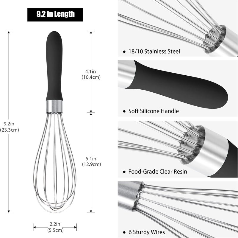 Doosu 18/8 Stainless Steel Balloon Whisk, Kitchen Whisk for Cooking Handheld Egg Beater with Rust-Proof Sturdy Wires & Non-Slip Silicone Handle for Beating, Stirring, Blending (6 Wires, Black) - Image 2